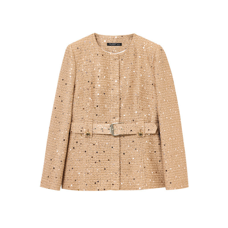 Fashion With Belt Beads Decoration Round Neck Blazer