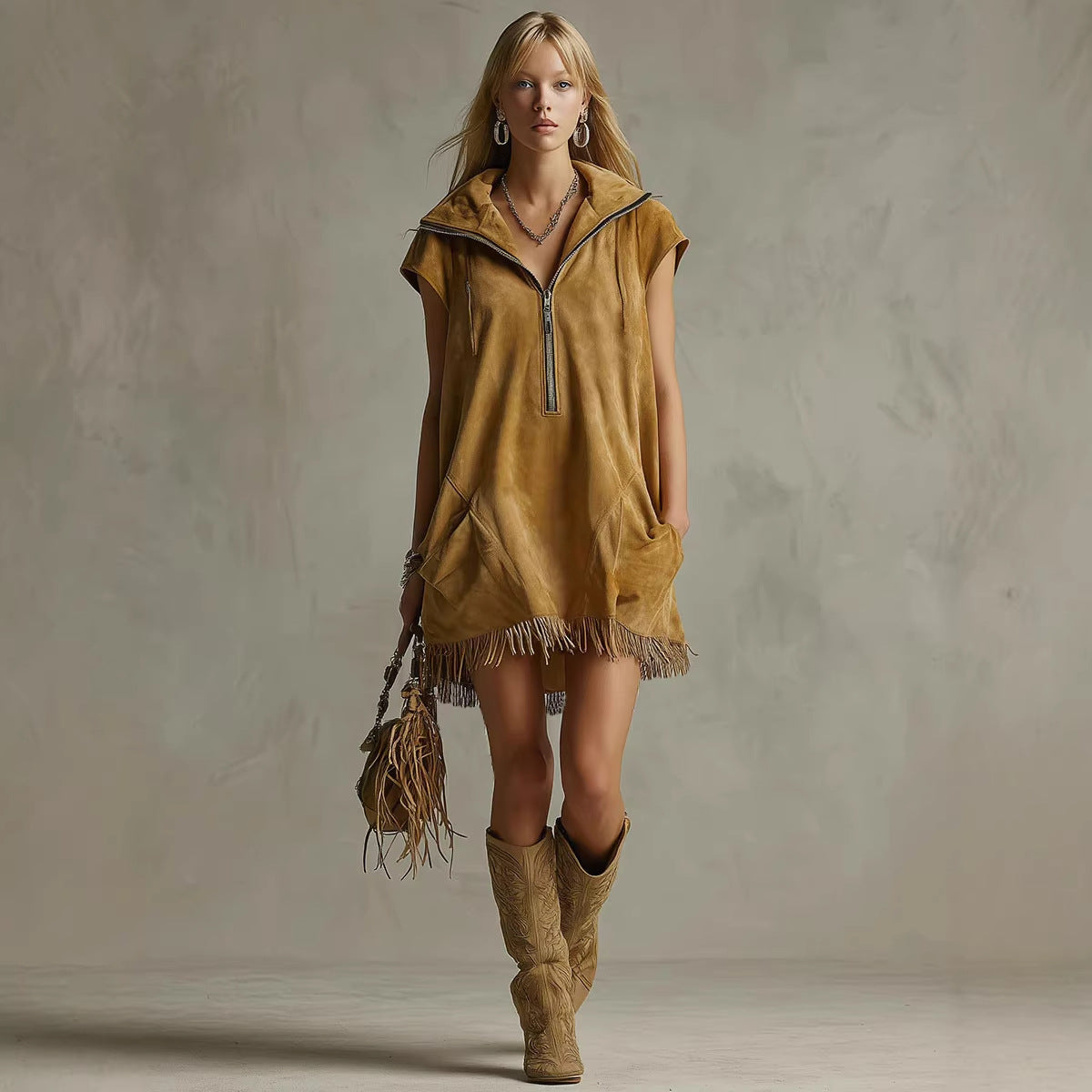 Casual Western-style Zippered Collar Tasseled Suede Dress