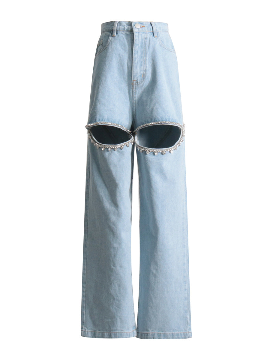Lange Lige Jeans med Diamantperler og Høj Talje med Huller