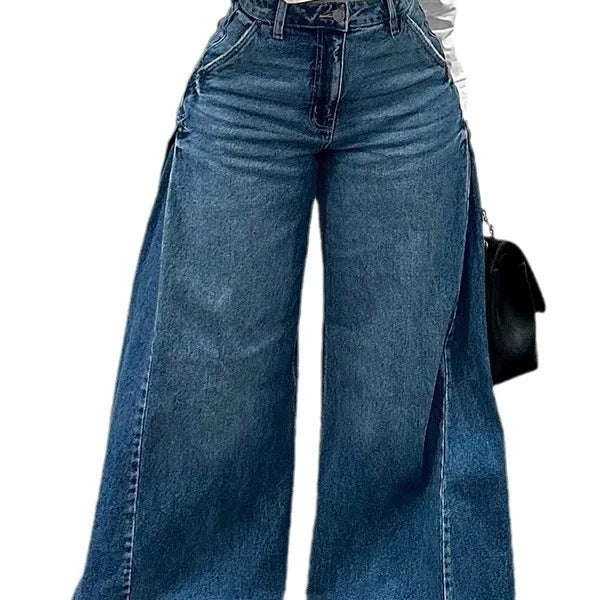 Løse vidde ben jeans med syninger og trompetformet pasform, kvastbukser
