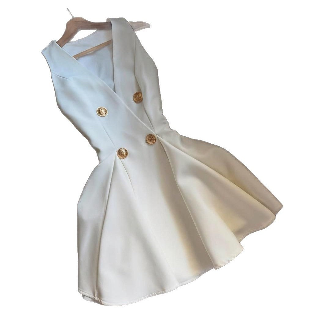 V-neck Sleeveless Buttoned Solid-color Sweet Mini Dress