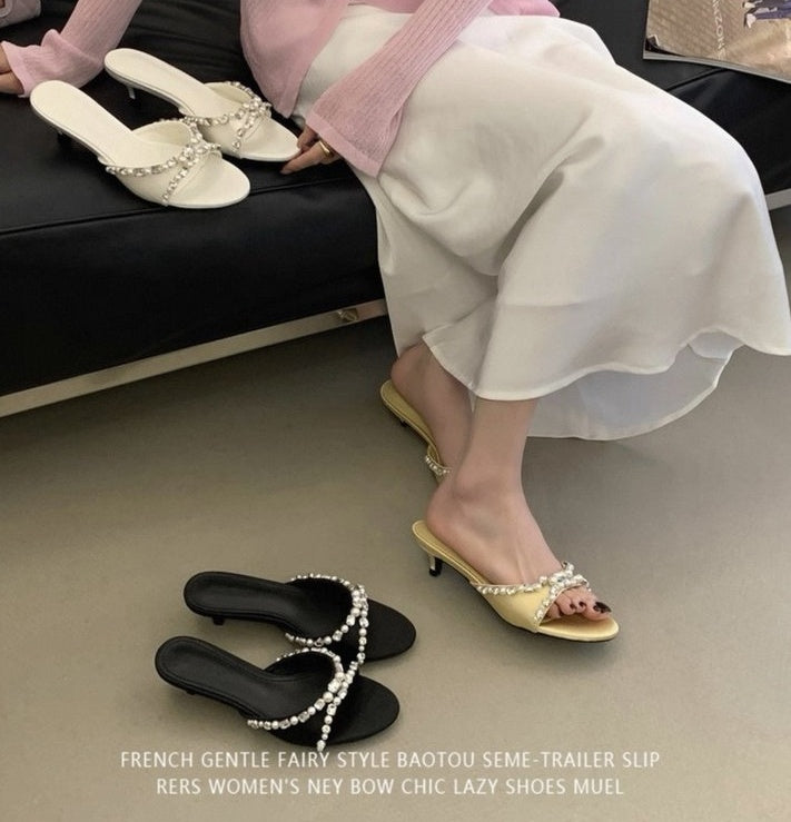 Women's Elegant Low Heel Sandals With Rhinestone & Pearl Bow, Round Toe, Simple Satin, Perfect For Dresses