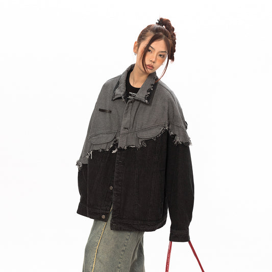 Stitching Design Contrast Color Damage Denim Coat