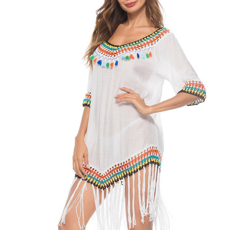 Hollow-out Rainbow Tassel V-Neck Hand Hook Beach Blouse