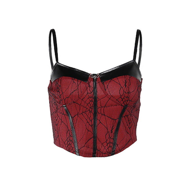 Dark Style European And American Elegant Leather Splicing Sling Vest