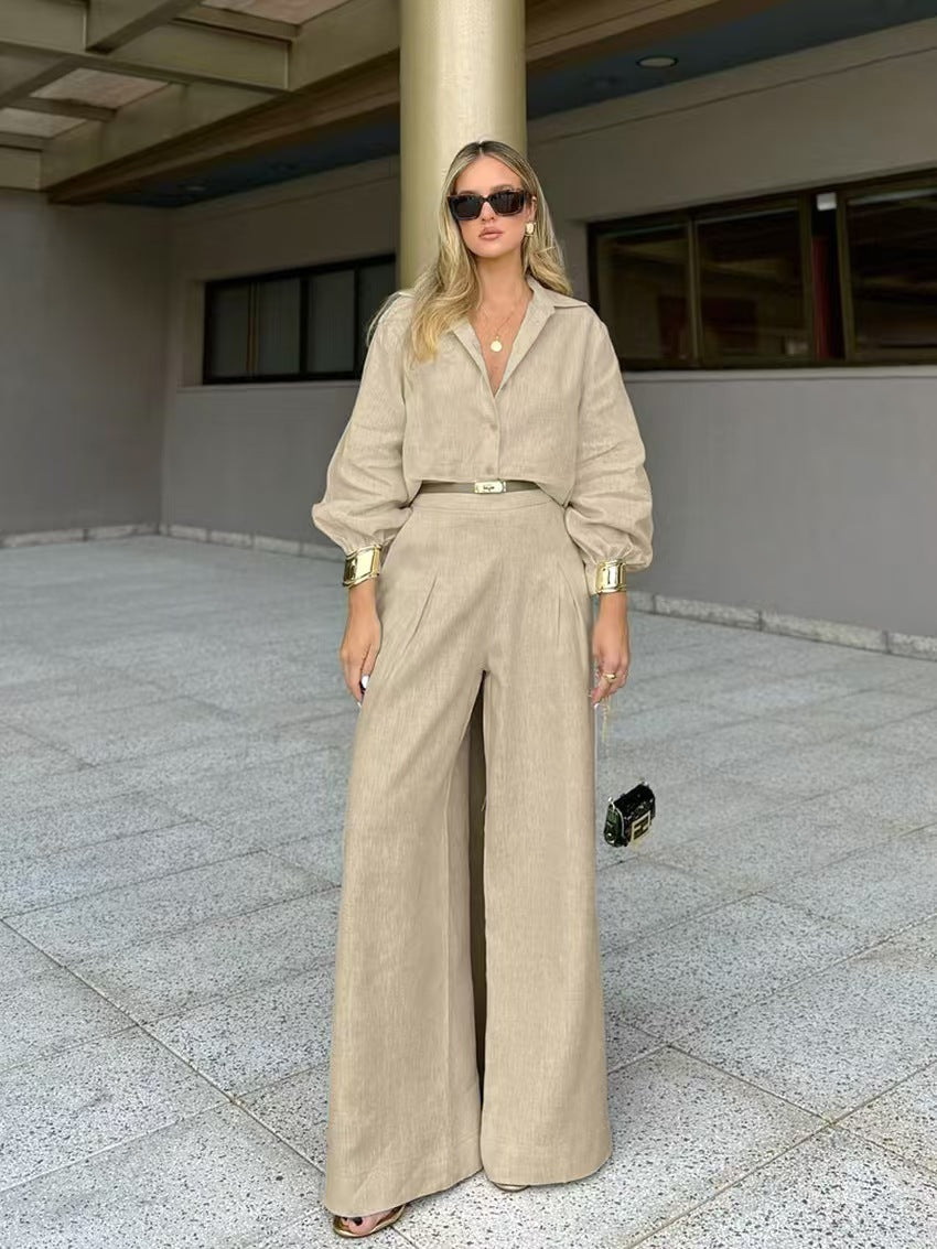 Womens Casual Khaki Cotton-Linen Two-Piece Set Loose-Fit Shirt And Wide-Leg Pants