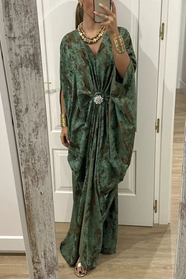 Women's Fashionable Printed Batwing Sleeve Midi Dress