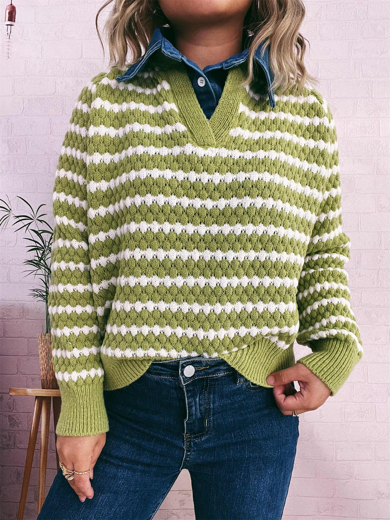 Women's Denim Patchwork Lapel Knitted Stripe Color Block Fake Two-piece Sweater