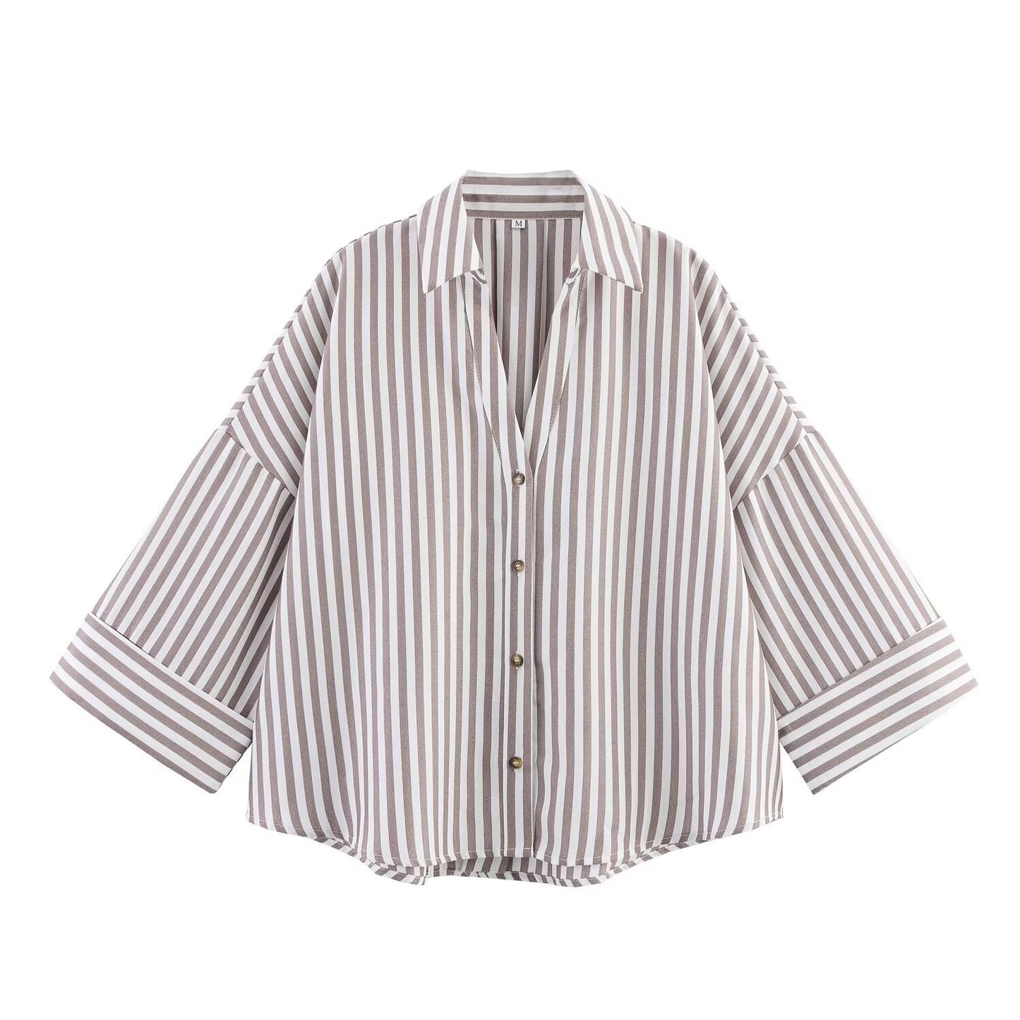 Women's Fashionable Slim-Fit Linen Multi-Color Striped Long-Sleeve Shirt