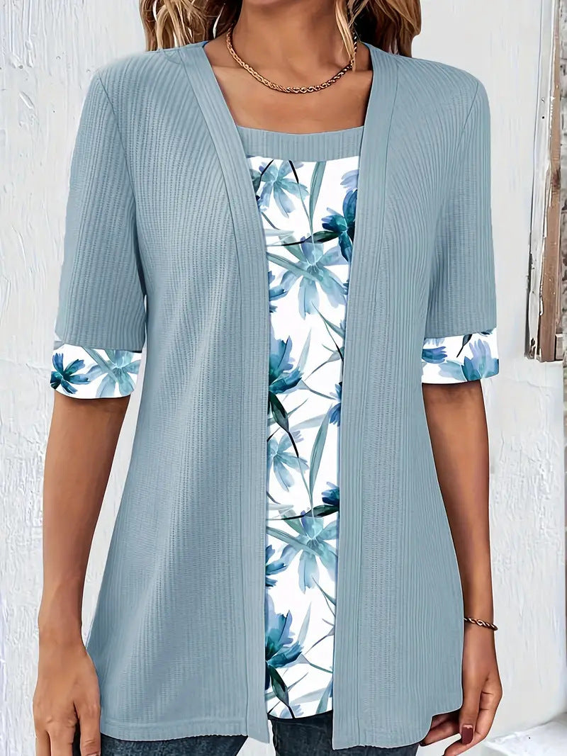 Women's Fake Two Pieces Short Sleeve Printed Top T-shirt