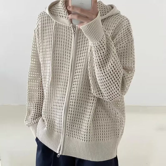 Udhulet Strikket Sweater med Hætte til Mænd