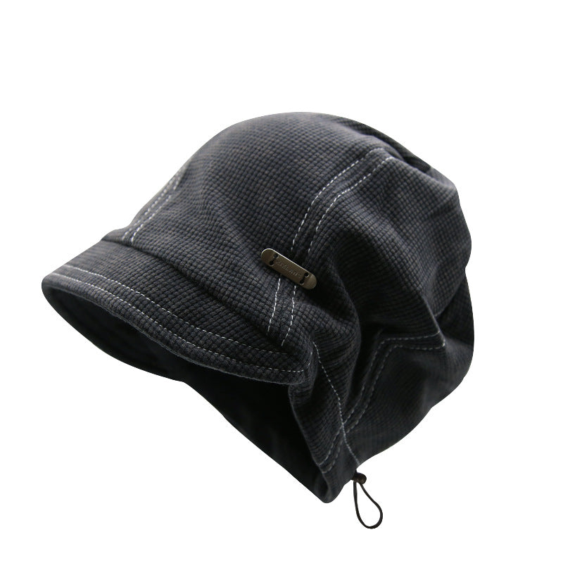 Plaid Embroidery Labeling Drawstring Knitted Pile Heap Cap