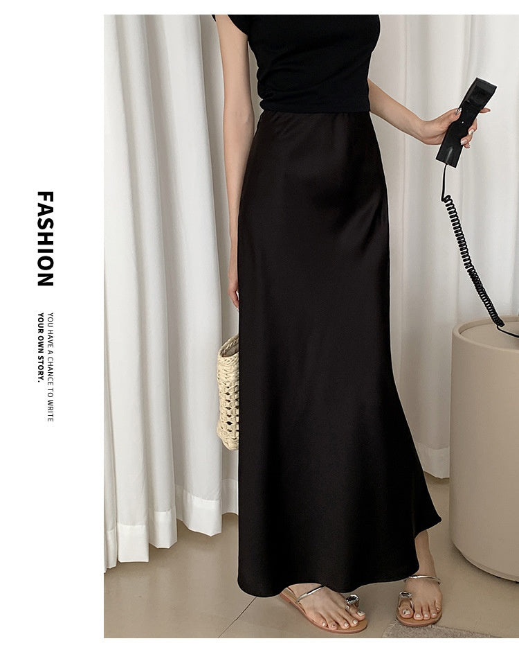 French Style Vintage Satin Sheath Fishtail Skirt Long Women