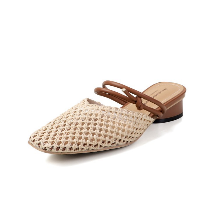 Women's French Style Square Toe Outdoor Hollow-out Breathable Retro Thick Heel Toe Box Half Slippers
