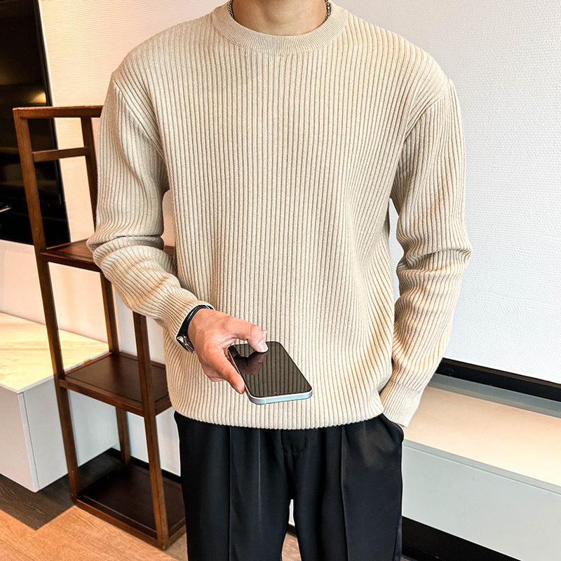 Let Modne Mænds Ribstrikkede Rundhalsede Sweater Til Efterår Og Vinter