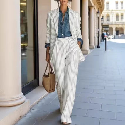Casual, Stylish, Professional Striped Blazer And Pants Set With A High-end Finish