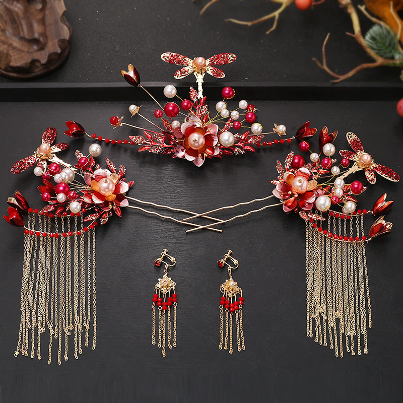 Classical Red Flower Liquid Ancient Style Headdress Fringed Hair Crown Bridal Hair Accessories