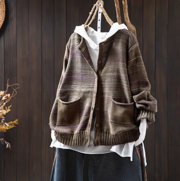 Colorful Thread Mixed Woven Cotton Knitted Cardigan