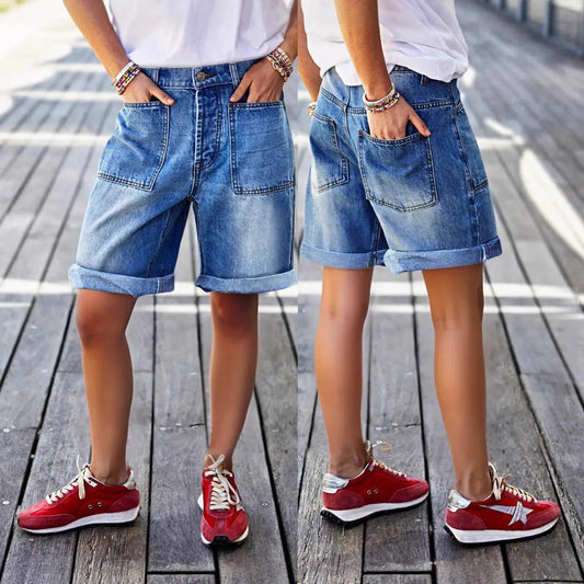 Mid-rise Bermuda Straight-leg Pants Stretchy Womens Denim Shorts