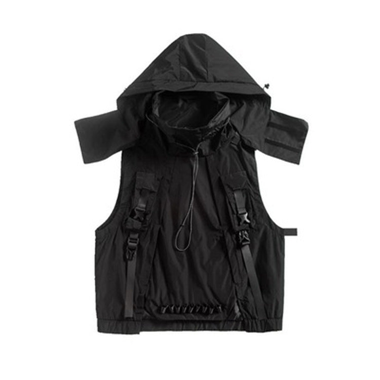 Industrial Dark Mechanical Style Hip Hop Hooded Tactical Vest Coat Men's And Women's Detachable Hat