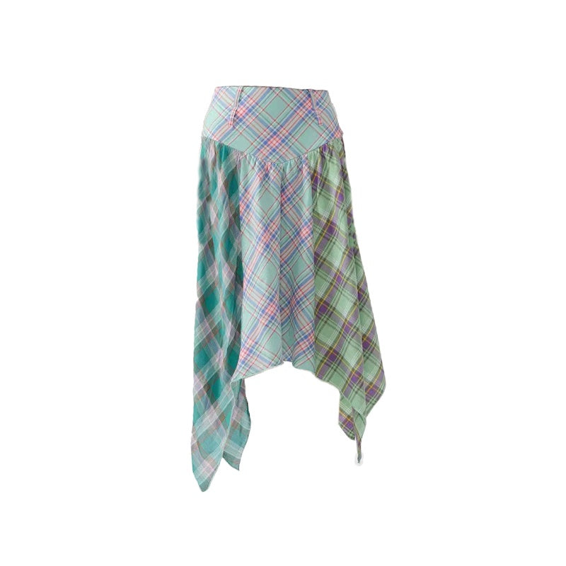Irregular Color Contrast Patchwork High Waist Mid-length Plaid Skirt