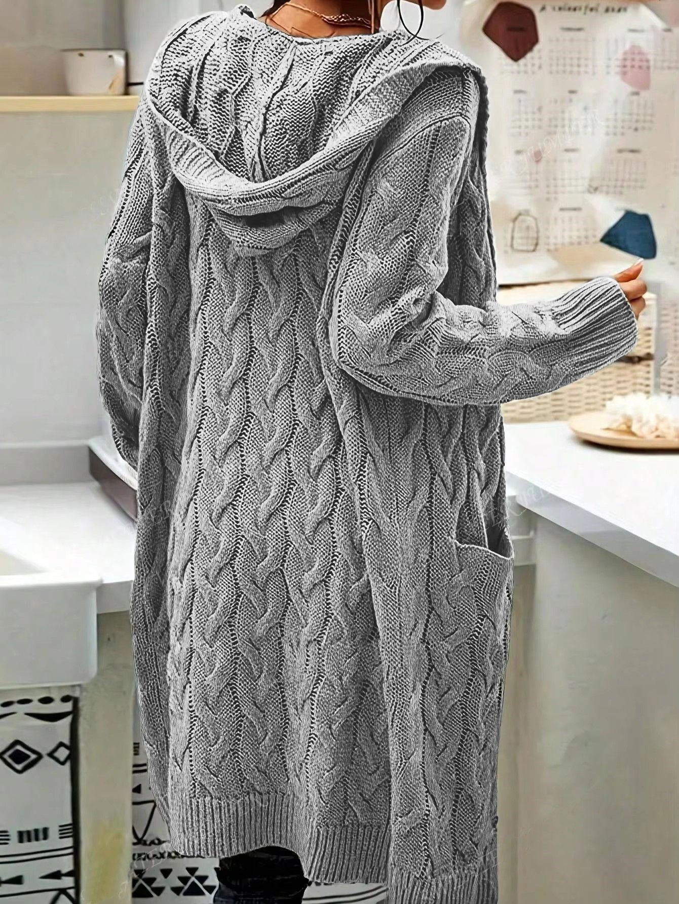 Long Knitted Plus-size Solid-color Sweater With Long Sleeves And Pockets