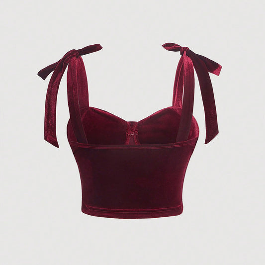 French Retro Velvet Top With Bow Tie Strap