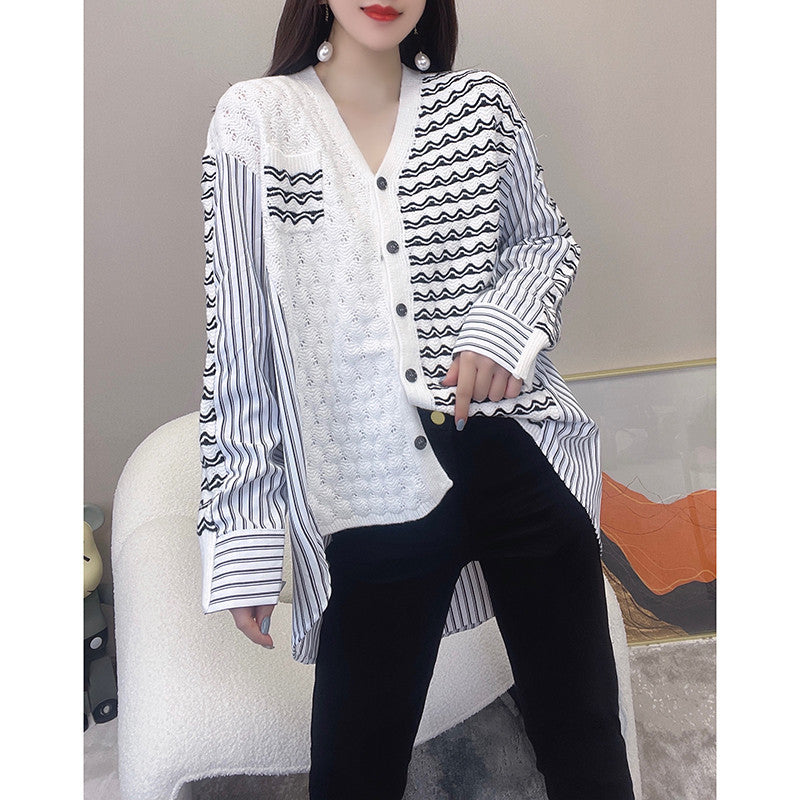 Fashionable V-neck Stitching Striped Loose Thin Top
