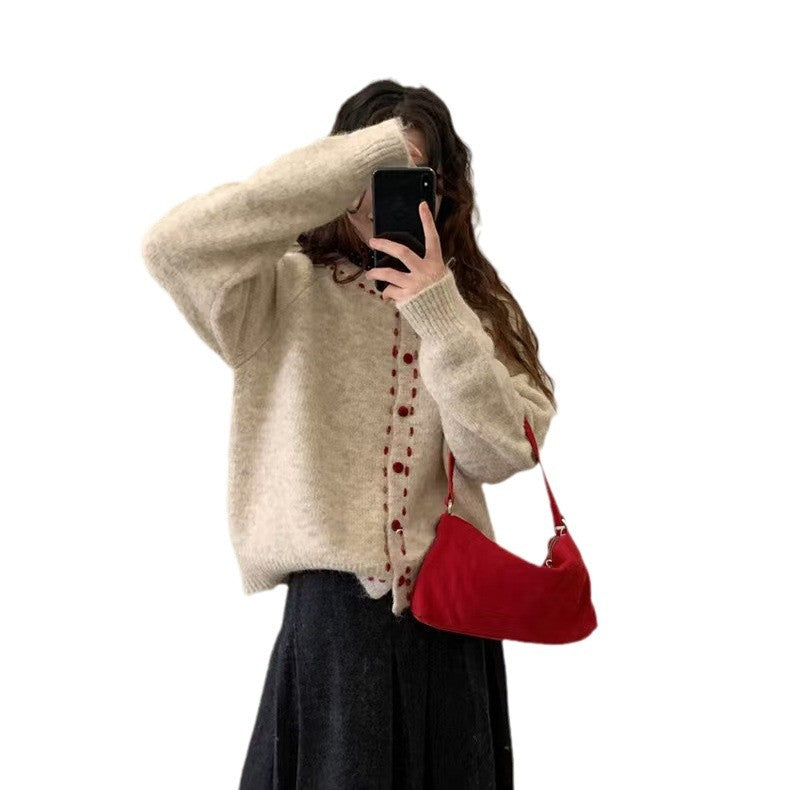 New Retro Soft Glutinous Handmade Stitching Round Neck Sweater Coat For Women