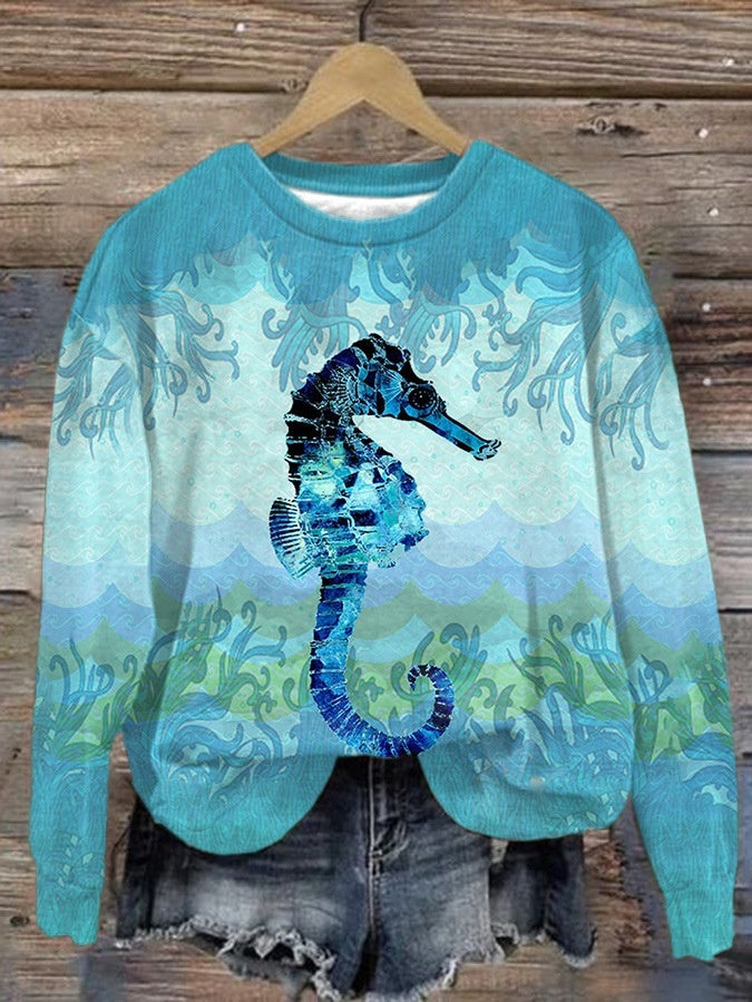 Kvinders Efterårs- og Vintertrends Digitaltrykt Rundhalset Sweater med Slidsede Skuldre og Lange Ærmer