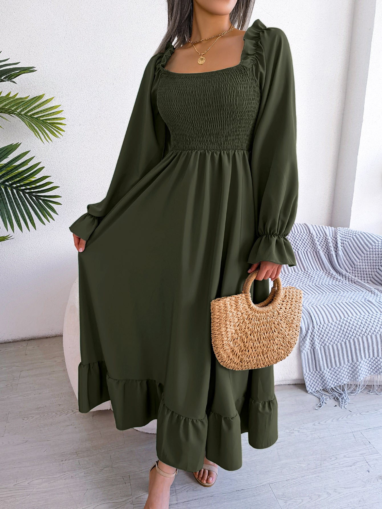 Women's Casual Square Neck Bell Sleeve Flowy Ruffle Maxi Dress