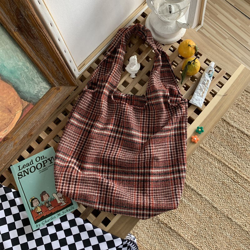 Woolen Plaid Tote Bag Class School Large Capacity Shoulder