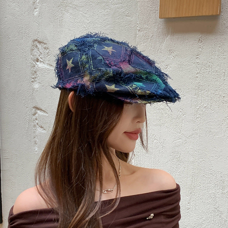 Colorful Plaid Five-pointed Star Advance Hats Women's Korean-style Anti-wear Distressed Edging Beret