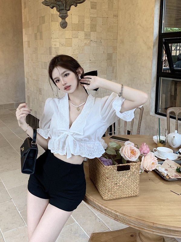 Women's French V Neck Ruffle Short Sleeve Shirt