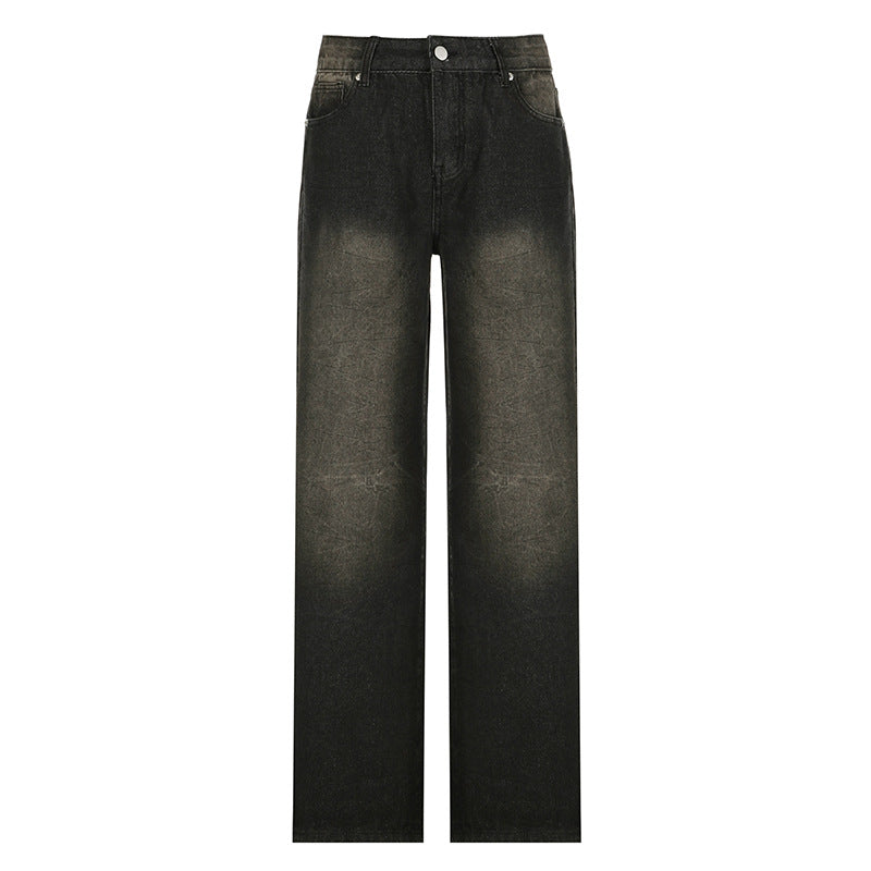 Vasket løse slim jeans med tekstur, slidt look og lav talje med lommer