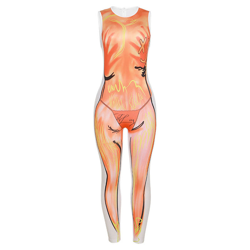 Women's Casual Print Crew Neck Sleeveless Slim Fit Jumpsuit