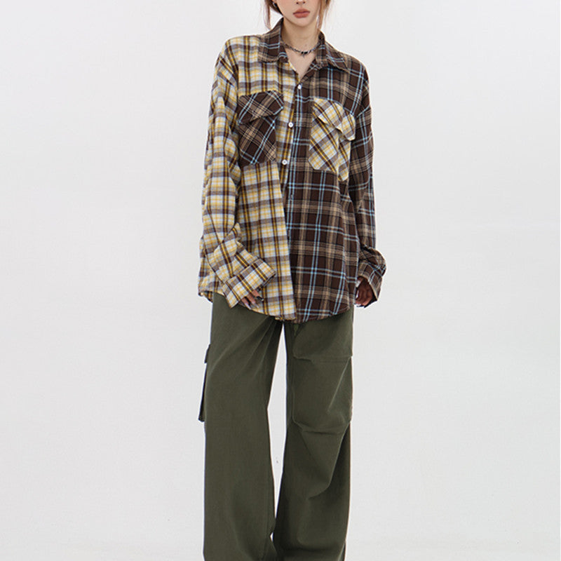 Womens Retro Patchwork Sun-Protective Designer All-Match Plaid Shirt