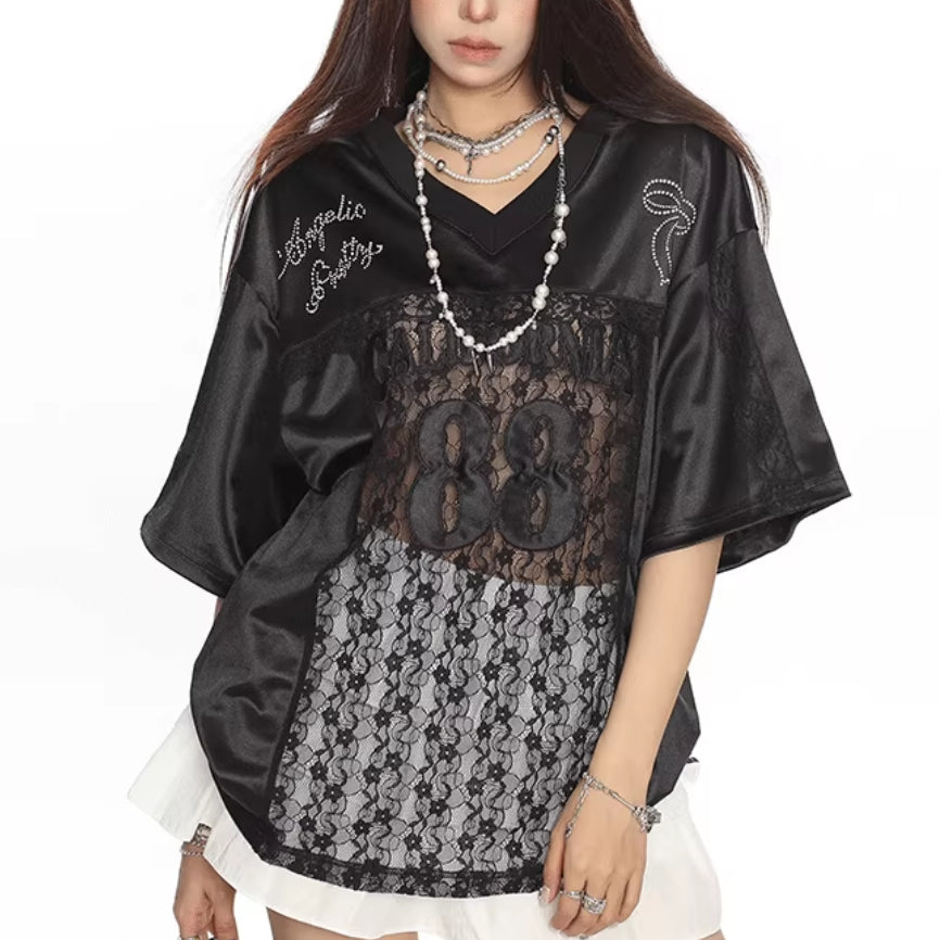 American Retro Lace Stitching Letter Embroidery Short Sleeve T-shirt