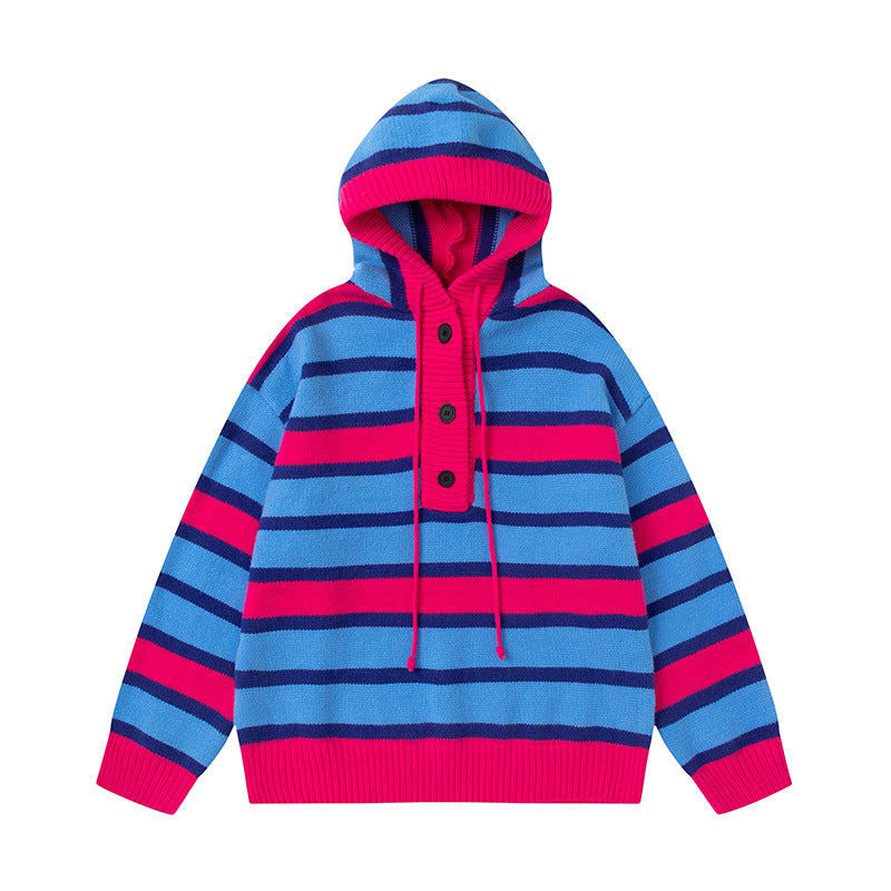 Winter New Vintage Stripe Loose Hooded Pullover Sweater