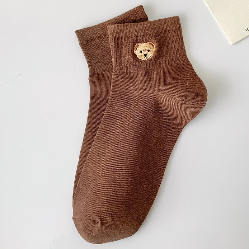 Bear Embroidery Socks Women's Cute Cartoon Teenage Girl Short Tube