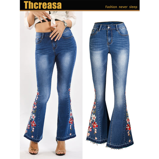 Machine Embroidery Denim Women's Autumn Denim Wide Leg Trousers 3D