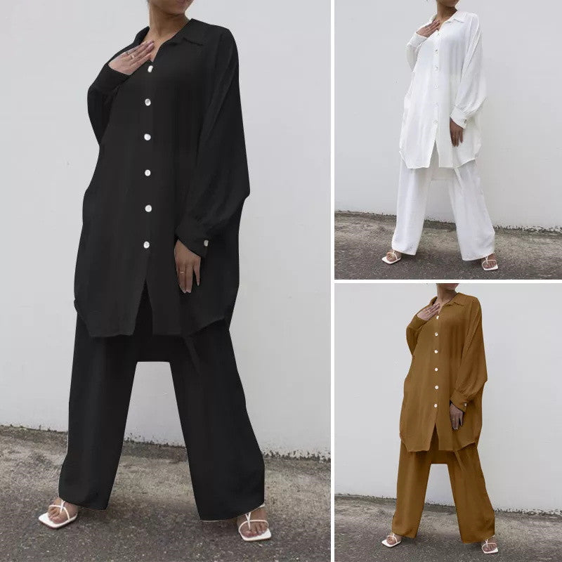 Shirt Solid Color Straight Leg Pants