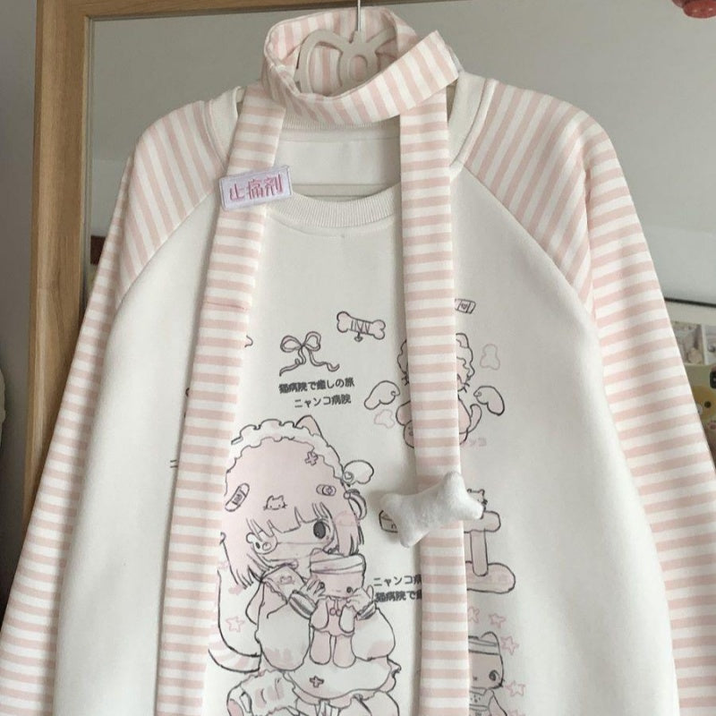 Sweet Girl Kitten  Striped Round Neck Fleece-lined Sweater