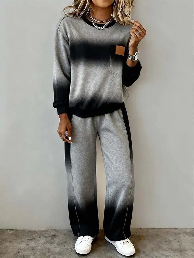Women's Top With Slit Long Sleeve Round Neck Casual Solid Color Set