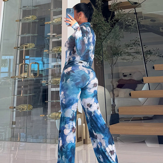 Womens Printed Cardigan And Wide-Leg Pants Set