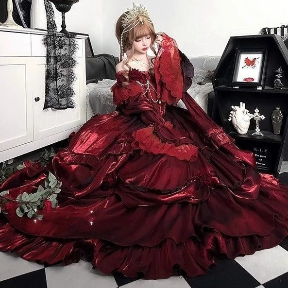 Christmas Battle Robe Pigeon Blood Red Flower Wedding Lolita Dress