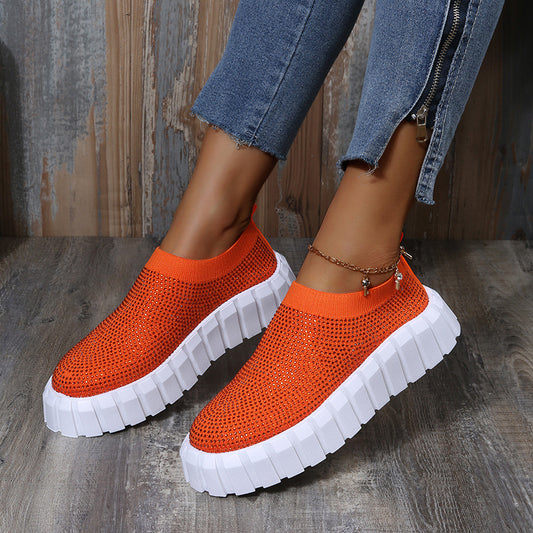 Large Size Thick Bottom Rhinestone Solid Color Mesh Casual Shoes