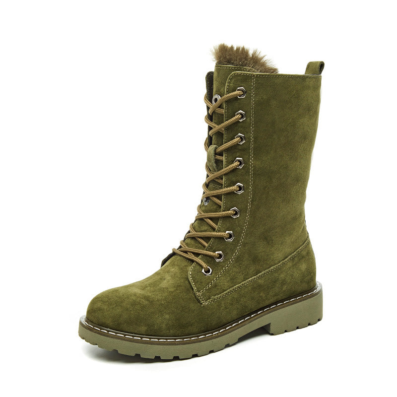 Fur Integrated Snow Boots Women's Leather Middle Tube