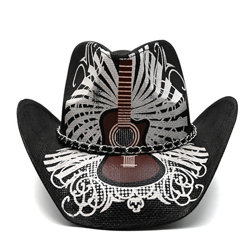 Retro Punk Guitar Skull Beauty Straw Cowboy Hat Sun Protection Sunshade