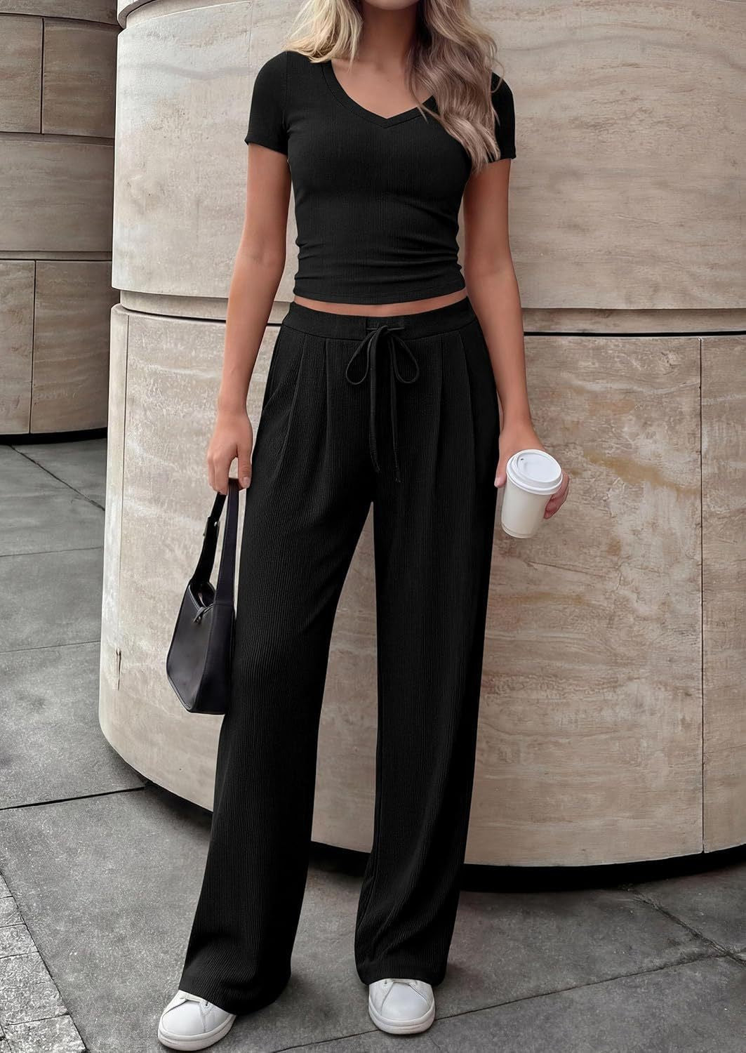 Solid-color Casual Chic V-neck Short-sleeve Top And Wide-leg Pants Set
